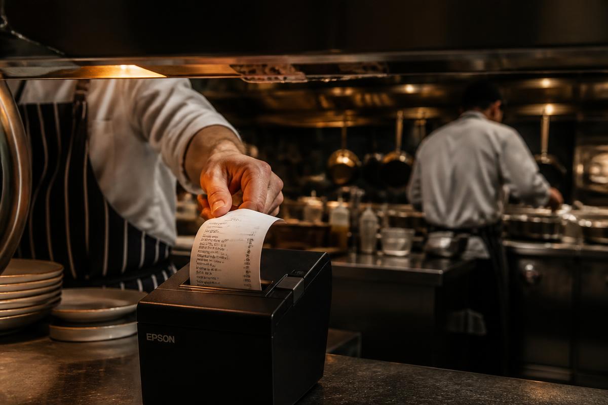 Impressora térmica imprimindo o pedido na cozinha do restaurante