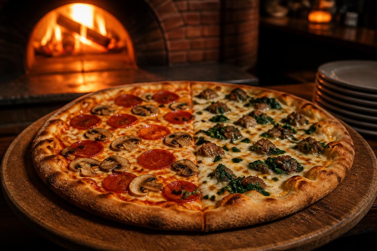 Pizza meio a meio em uma pizzaria com forno a lenha