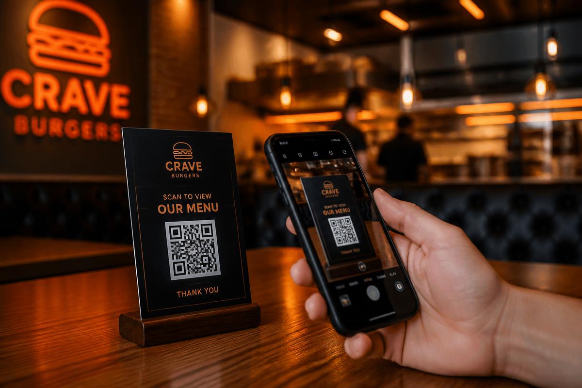 Cliente escaneando o QR Code do cardápio na mesa do restaurante